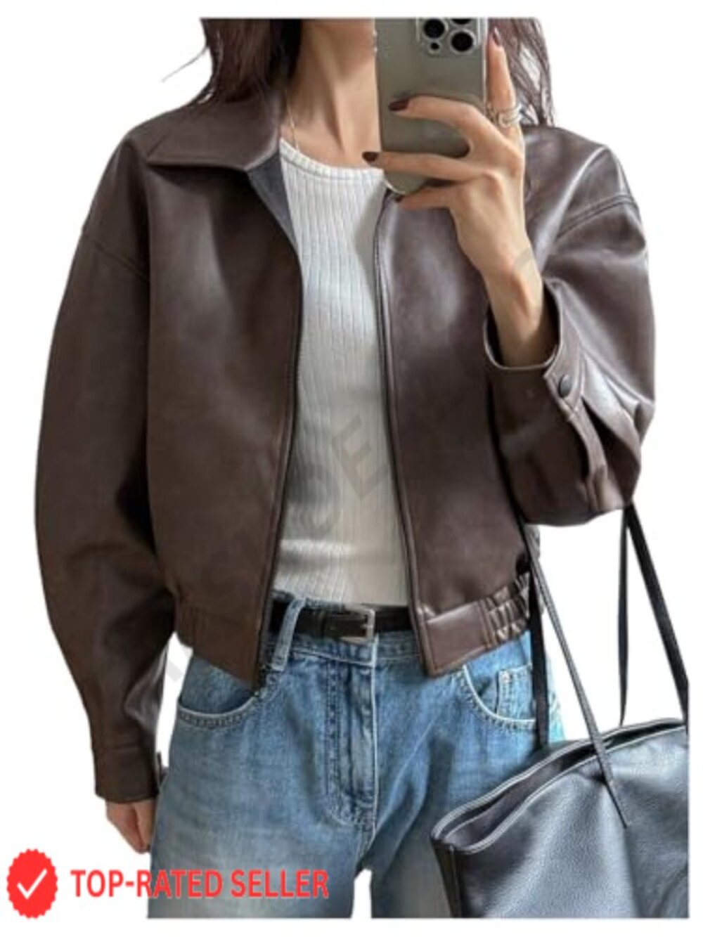 Faux Leather Crop Bomber Jacket Zip Up Moto Biker Coat